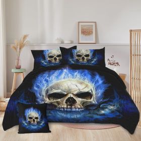 4 Piece Blue Fire Skull Comforter Set, 3D Skeleton Printed Bedding With 1 Comforter, 2 Shams, 1 Cushion Cover, Black Queen Size