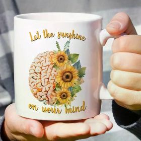 11 Oz White Ceramic Coffee Mug Mug with Fun Brain Sunflower Print Design - The Perfect Couple Gift for