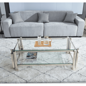 50 Wide Rectangle Modern Stainless Steel Coffee Table, Double-Layer Clear Tempered Glass Coffee Table, Center Table With Storage, For Living Room (Color: Silver)