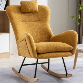 35.5 Inch Rocking Chair With Pocket, Soft Teddy Fabric Rocking Chair For Nursery, Comfy Wingback Glider Rocker With Safe Solid Wood Base For Livi (Option: TURMERIC)