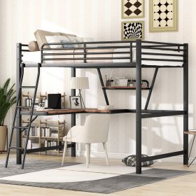 Full Size Loft Metal&MDF Bed With Desk And Shelf, Black (Color: Black)