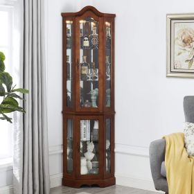 Corner Curio Cabinet With Lights, Adjustable Tempered Glass Shelves, Mirrored Back, Display Cabinet, (Option: Walnut)