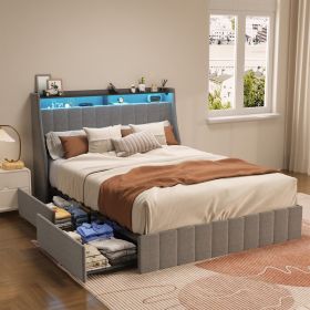 Queen Size Bed Frame With LED, Storage Drawers, Wings Headboard - Light Gray (Color: Light Grey)