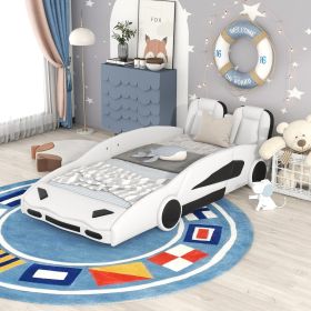Twin Size Race Car-Shaped Platform Bed With Wheels, White (Color: White)