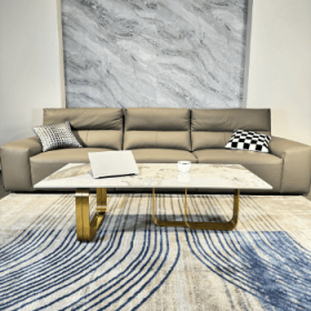 Modern Rectangular Coffee Table With Sintered Stone Top, Gold Metal Frame, For Living Room (Color: Gold)