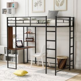 Twin Metal Loft Bed With 2 Shelves And One Desk ,BLACK (Color: Black)