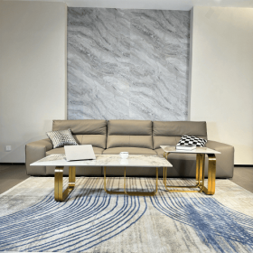 Modern Rectangular Coffee Table Set With Sintered Stone Top, Gold Metal Frame, For Bedroom, Living Room (Color: Gold)