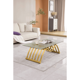 47 Rectangle Modern Stainless Steel Coffee Table, Water Ripple Tempered Glass Coffee Table, Center Table, For Living Room Home Office, Easy Assem (Color: Gold)