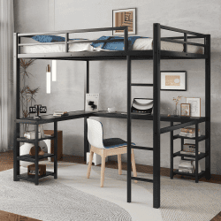 All Metal Loft Bed With Desk And Shelf (Color: Black)
