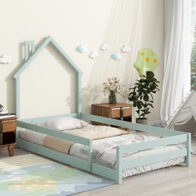 Twin Size Wood Bed With House-shaped Headboard Floor Bed With Fences,Light Green (Option: Light Green)