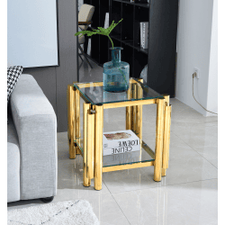 20 Inch Square End Table, Modern Stainless Steel End Table, Double-Layer Clear Tempered Glass Coffee Table, Side Table With Storage, For Living R (Color: Gold)