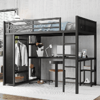 Full XL Size Loft Bed Frame With Built-in Wardrobe, Metal Loft Bed With Desk And Storage Shelves, Black (Color: Black)