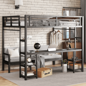 Queen Over Twin XL Metal Bunk Bed Loft Bed With Desk And Shelves, Multiple Uses Folds Into Sofa With LED And USB, Black (Color: Black)