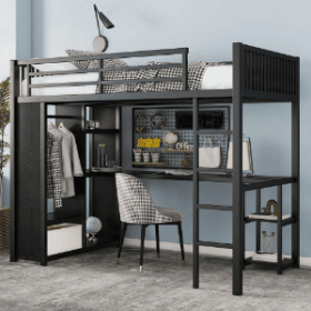 Twin XL Size Loft Bed Frame With Built-in Wardrobe, Metal Loft Bed With Desk And Storage Shelves, Black (Color: Black)