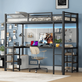Twin XL Metal Loft Bed With Desk And Shelves, Loft Bed With Ladder And Guardrails, Loft Bed Frame For Bedroom, Black (Color: Black)