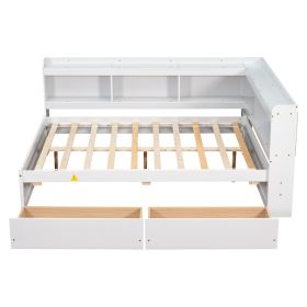 Full Bed With L-shaped Bookcases, Drawers ,White (Color: White)