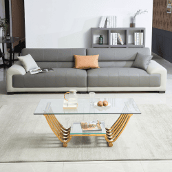 47 Rectangle Modern Stainless Steel Coffee Table, Double-Layer Clear Tempered Glass Coffee Table, Center Table Table With Storage, For Living Roo (Color: Gold)