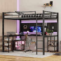 Full XL Metal Loft Bed With Desk And Shelves, Loft Bed With Ladder And Guardrails, Loft Bed Frame For Bedroom, Black (Color: Black)